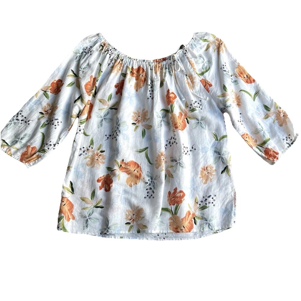 Hester & Orchard Floral Linen Blouse Womens Large Bow Collar Peasant Lightweight - Picture 1 of 8